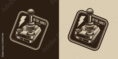 Original monochrome vector emblem in retro style. Vintage joystick.