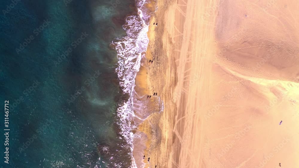 Gran canaria beach aerial drone top down flight over seashore colorful at las palmas sea beach in canaries islands Gran canaria beach aerial drone top down flight over seashore colorful at las palmas sea beach in canaries islands