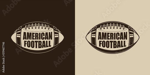 Original monochrome sports vector emblem. American football ball with the inscription.