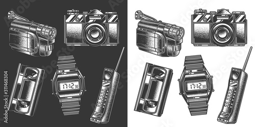 Original monochrome vector set of electronic accessories in retro style.