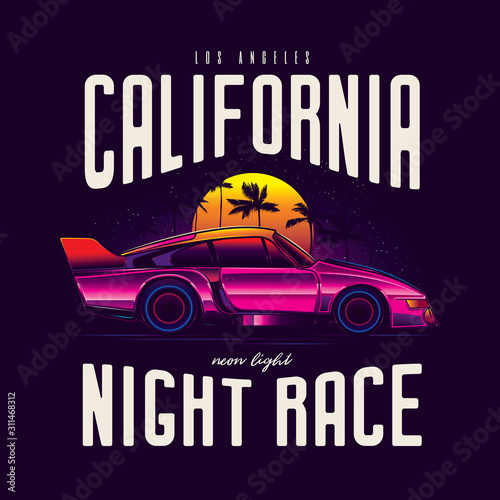 Original vector illustration in neon retro 80's style. Sports pink car on the background of the starry sky with sunset and palm trees. T-shirt design