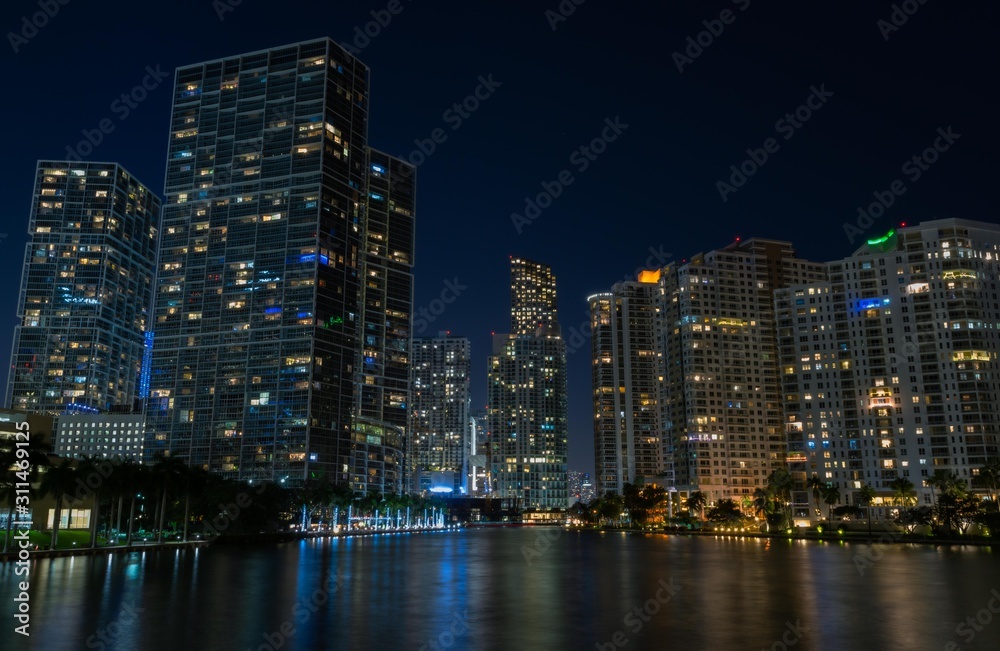 traveling tower cityscape buildings downtown miami florida usa night lights lighting panorama architecture dusk colors brickell river sea
