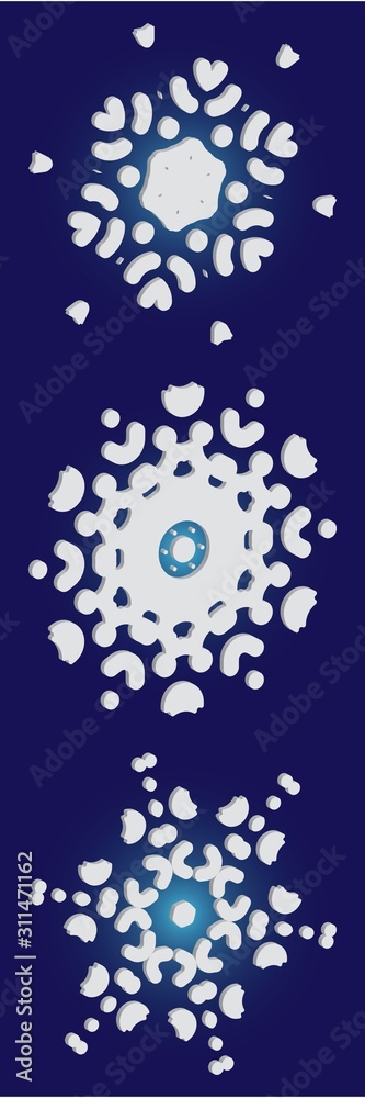Kit of isolated  silhouettes of snowflakes on blue background.
