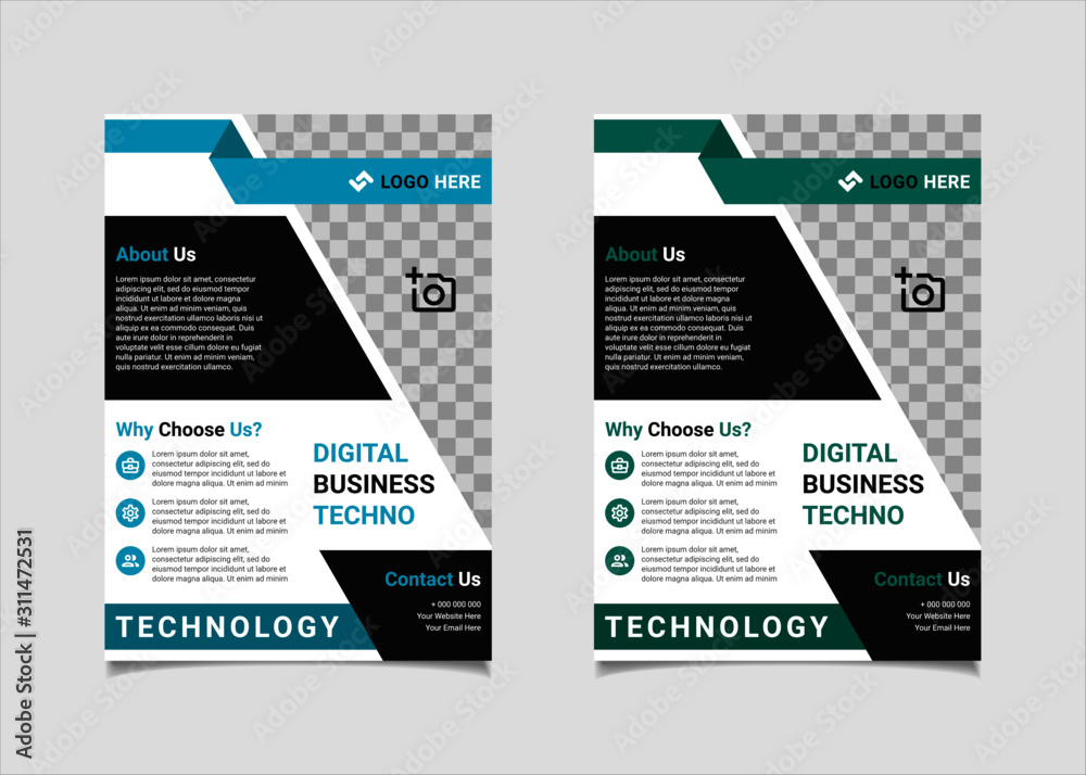 Business flyer template vector design, A4 brochure template blue and teal geometry shapes used for business poster layout, IT Company flyer, corporate banners, and leaflets