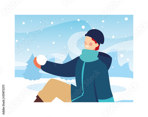 man with winter clothes in landscape with snowfall