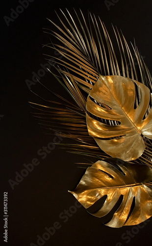 Fotografie Gold leaves plant tropical monstera and palm pattern on a black background