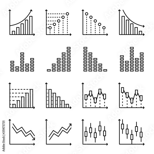 Chart, graph and diagram set vector illustration. Contains such Icons as analytic, chart, cloumn, graph, growth, traffic, research, statistic, increase, trend, decrease. Pixel perfect. Editable Stroke