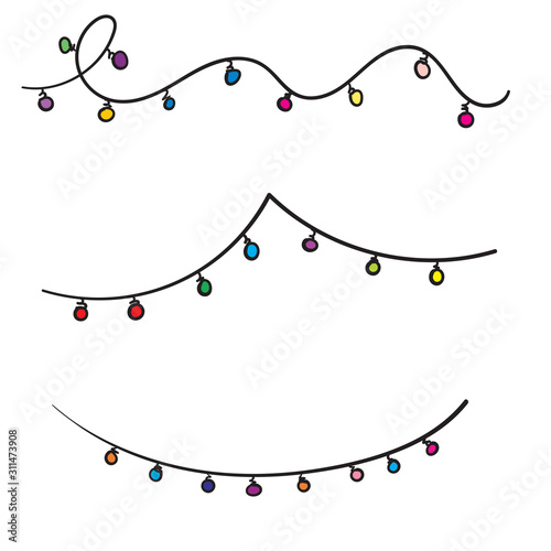 Doodle Christmas lights. Holiday festive xmas decoration. Colorful string fairy light set. Lightbulb glowing garland. Rainbow color. hand drawn design. White background. Isolated Vector