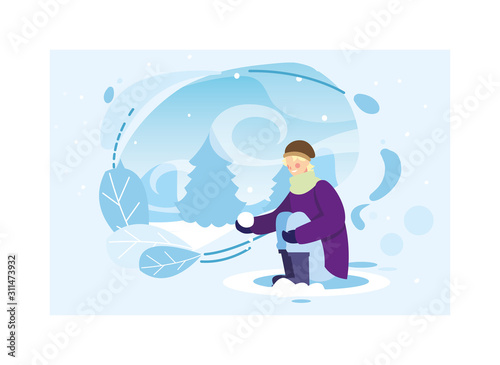man with winter clothes in landscape with snowfall