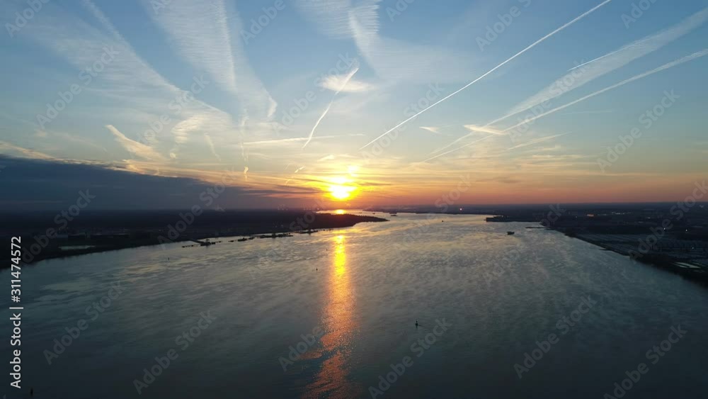 Aerial View of Sunset on the Delaware River Philadelphia, Pennsylvania