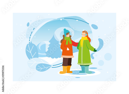 women with winter clothes in landscape with snowfall