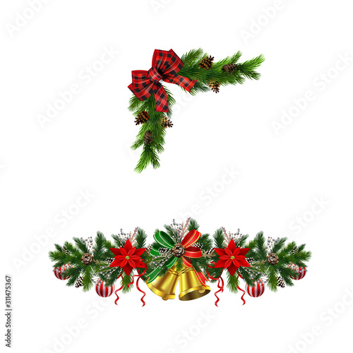 Christmas decorations with fir tree golden jingle bells