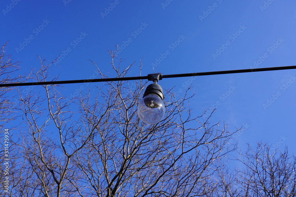Obraz premium lightbulb on wire and blue sky