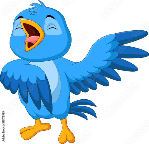 Cartoon blue bird singing on white background