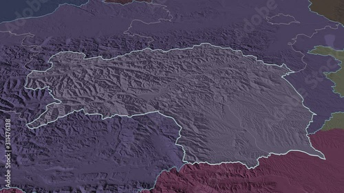 Steiermark, state with its capital, zoomed and extruded on the administrative map of Austria in the conformal Stereographic projection. Animation 3D photo