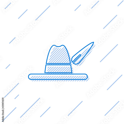 Blue line Oktoberfest hat icon isolated on white background. Hunter hat with feather. German hat.  Vector Illustration