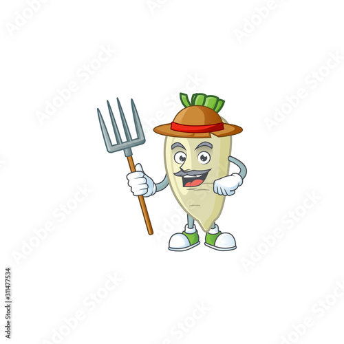 Happy Farmer white radish cartoon mascot with hat and tools