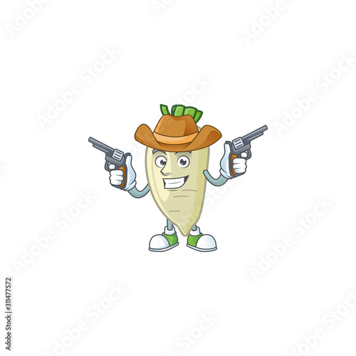 Smiling white radish mascot icon as a Cowboy holding guns