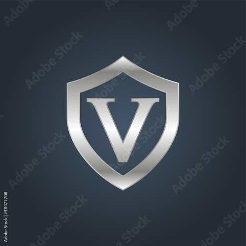 Free Download Initial v with shield metal metallic silver logo on a dark background - GFXLoad