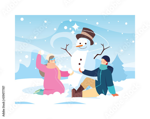 couple of people with snowman in winter landscape