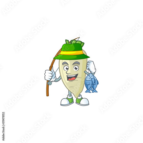 Cheerful face Fishing white radish mascot design