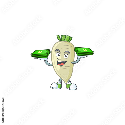 Happy face white radish character with money on hand