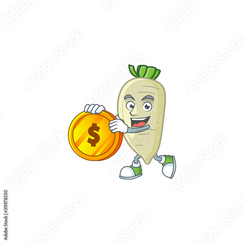 happy face white radish cartoon character with gold coin