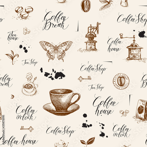 Vector seamless pattern on tea and coffee theme with with hand-drawn items, butterfly, spots and handwritten inscriptions. Suitable for Wallpaper, wrapping paper, background, fabric or textile