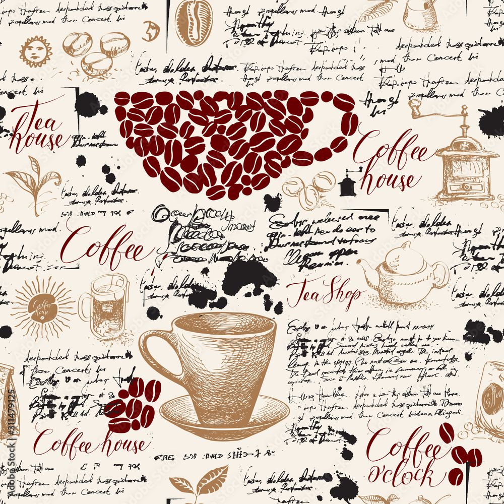 Vector seamless pattern on tea and coffee theme with drawings, spots and illegible handwritten notes in vintage style. Suitable for Wallpaper, wrapping paper, background or fabric