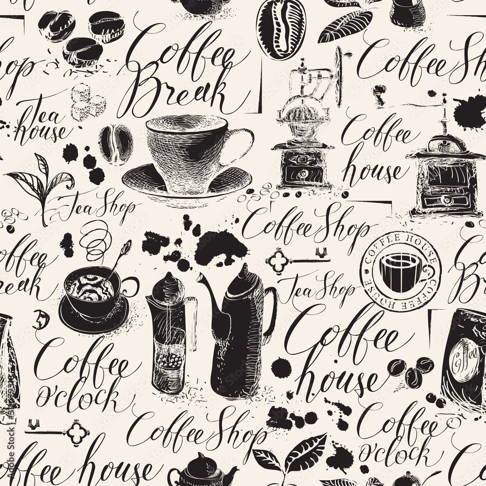 Vector seamless pattern on the coffee theme in retro style. Abstract
