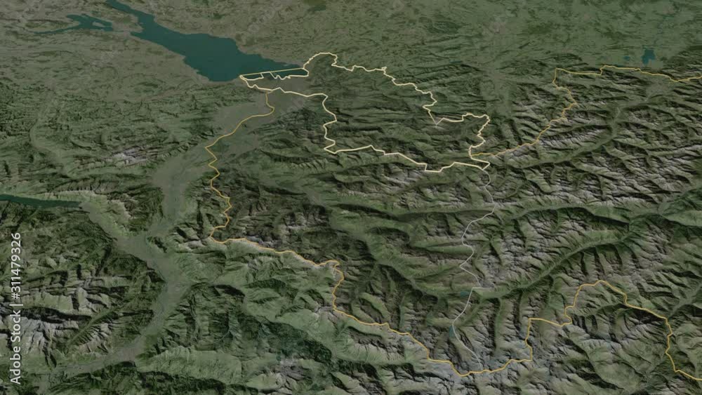 Vorarlberg, state with its capital, zoomed and extruded on the satellite map of Austria in the conformal Stereographic projection. Animation 3D Vorarlberg, state with its capital, zoomed and extruded on the satellite map of Austria in the conformal Stereographic projection. Animation 3D