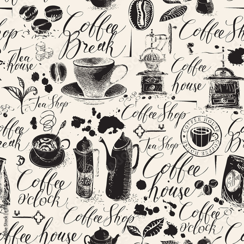 Vector seamless pattern on the coffee theme in retro style. Abstract background with kitchen items, stains and handwritten inscriptions. Suitable for wallpaper, wrapping paper or fabric