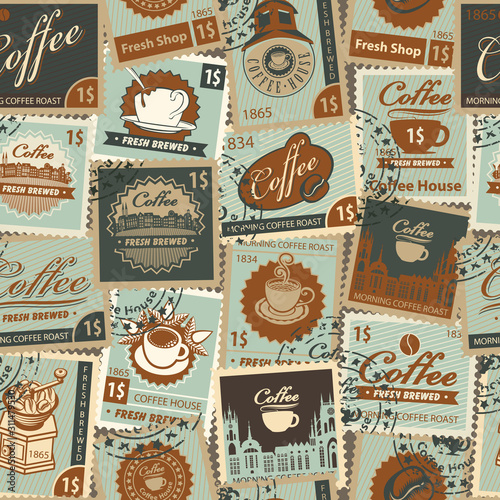 Vector seamless pattern on the coffee and coffee house theme with postage stamps and postmarks in retro style. Suitable wallpaper, wrapping paper or fabric. Retro Postage Seamless Background