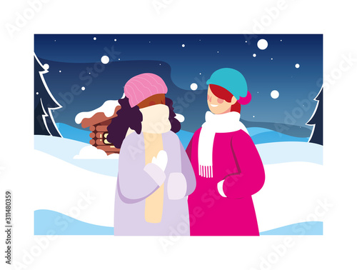 women in winter landscape and family house
