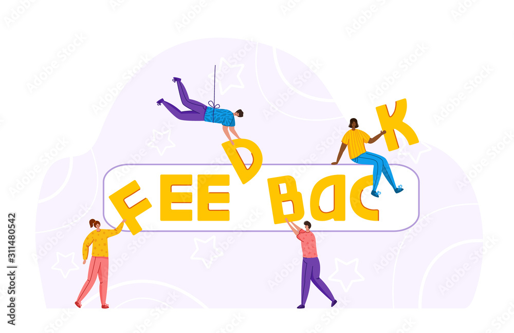 People with laptop and letters - Client feedback or review concept, online service evaluation, young women and giant word feedback, flat tiny people and huge objects, trendy characters, Vector banner
