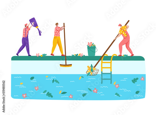 Pool maintenance or cleaning service, group of people in uniform is cleaning and taking care of swimming pool, workers with equipment - test water, collect leaves, sweep the floor, flat vector