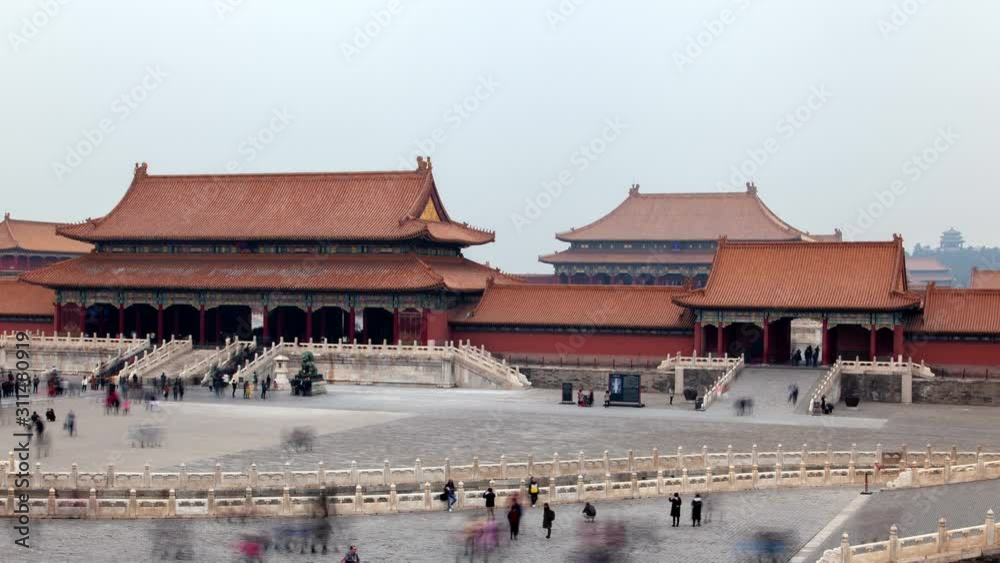 BEIJING/CHINA - MARCH 18 2019: Beijing palace complex of Forbidden City China timelapse pan up BEIJING/CHINA - MARCH 18 2019: Beijing palace complex of Forbidden City China timelapse pan up
