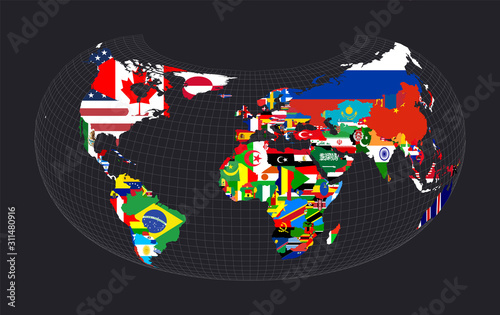 World Flag Map. Armadillo projection. Map of the world with meridians on dark background. Vector illustration.