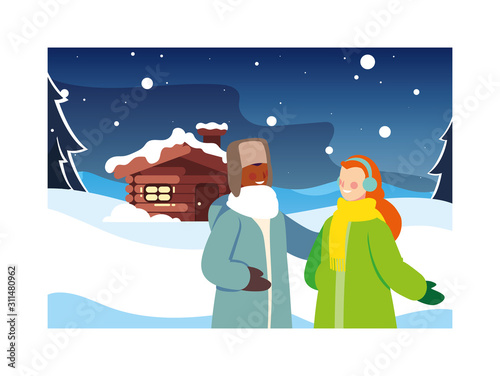 couple of people with winter landscape and family house