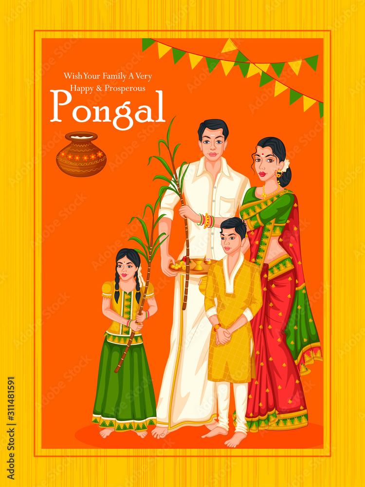 Happy Pongal religious holiday background for harvesting festival of India in vector