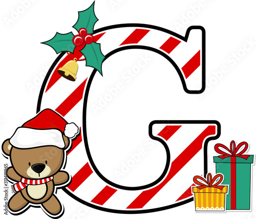 capital letter g with cute teddy bear and christmas design elements isolated on white background. can be used for holiday season card, nursery decoration or christmas party invitation