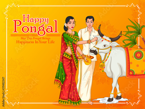 Happy Pongal religious holiday background for harvesting festival of India in vector