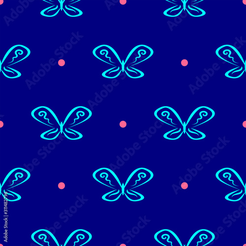 Seamless pattern with polka dots and abstract butterfly outlines drawn by hand. Simple vector illustration.