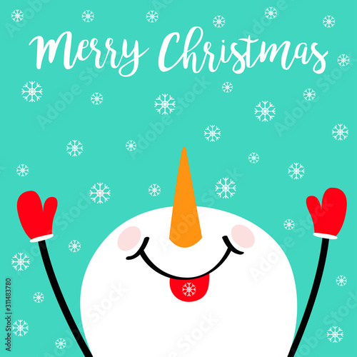 Merry Christmas. Snowman looking up, holding hands up, eating snow flake. Carrot nose. Happy New Year. Cute cartoon funny kawaii character. Greeting card. Blue winter background. Flat design.