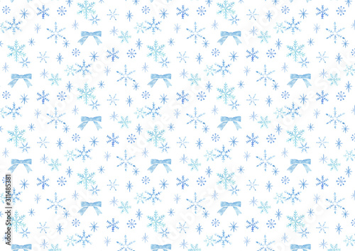 手描き 水彩 雪の結晶 スノーフレーク リボン パターン