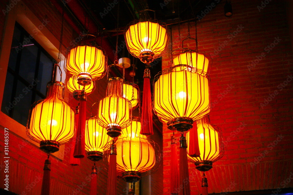 Chinese yellow lantern set for interior decoration