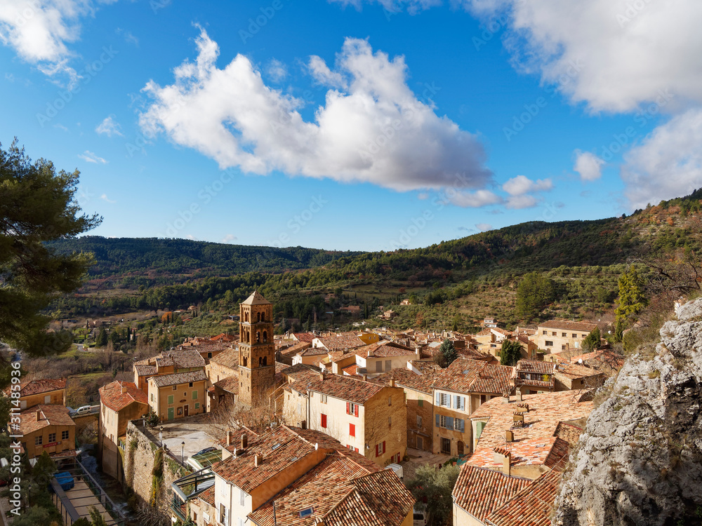 The village of Moustiers-Sainte-Marie in Provence, seen from above