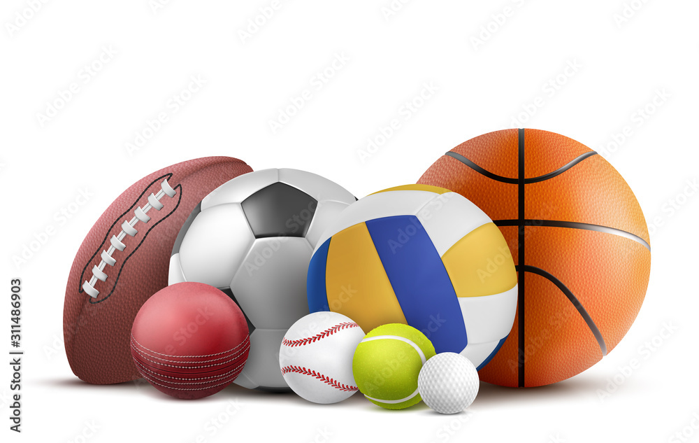 Soccer, volleyball, baseball and rugby equipment. Vector realistic collection of cricket, tennis and other sports objects isolated on white background