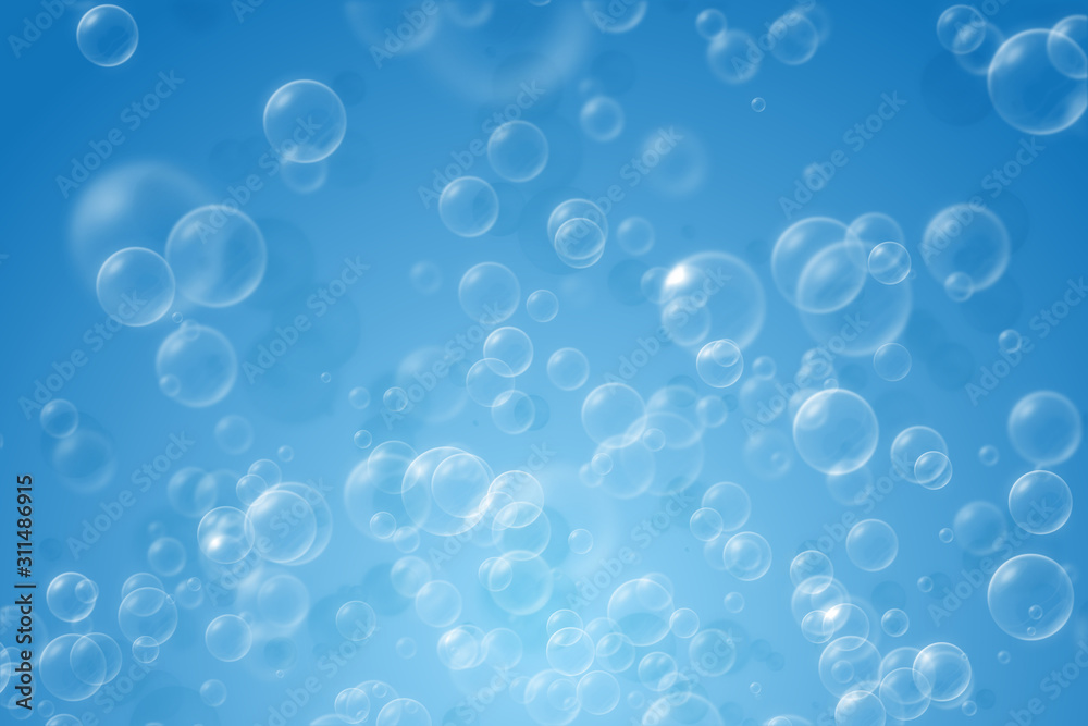 Soap bubbles background, blur blue background