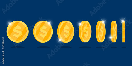 Gold 3d coin turn around different position set for game or apps animation. Bingo jackpot casino poker win element. Cash treasure concept flat vector illustration photo